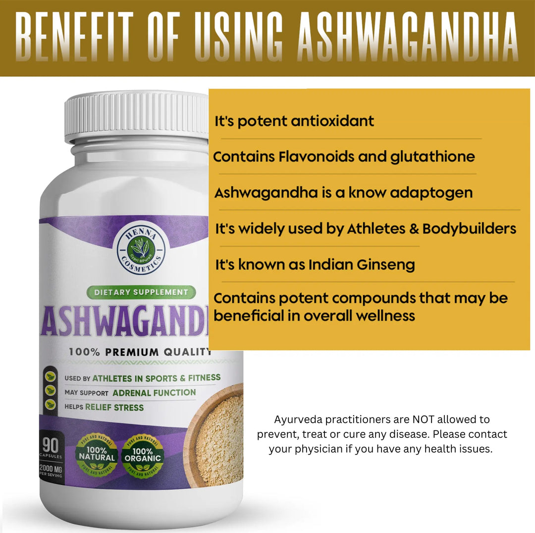 Ashwagandha Capsules with Black Pepper Extract (90 Capsules) - For Stress Relief - Henna Cosmetics