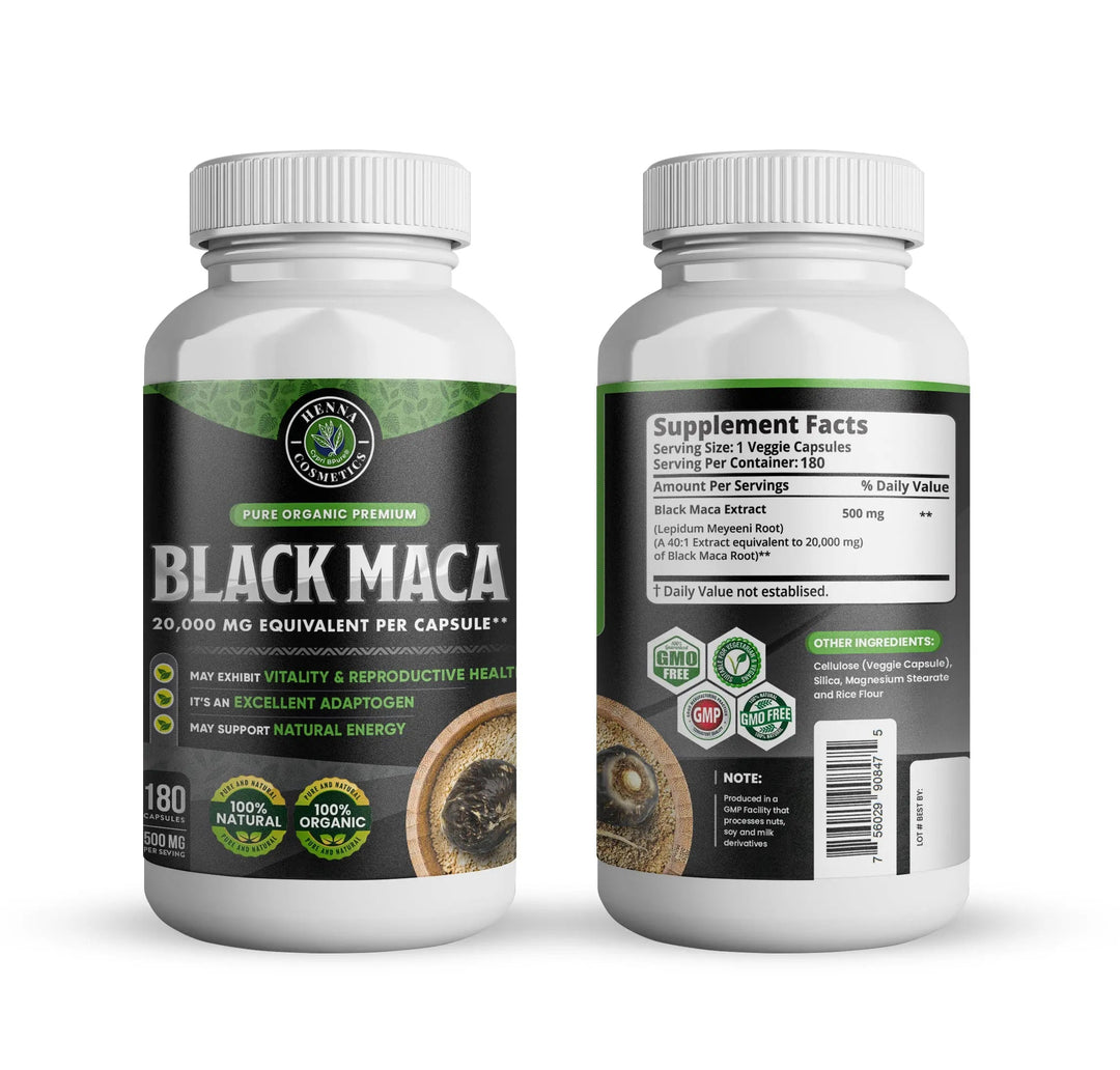 Black Maca Root 180 Capsules 20,000 mg Equivalent - Antioxidant and Adaptogen - Henna Cosmetics