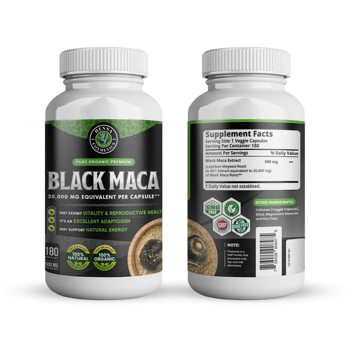 Black Maca Root 180 Capsules 20,000 mg Equivalent - Antioxidant and Adaptogen - Henna Cosmetics