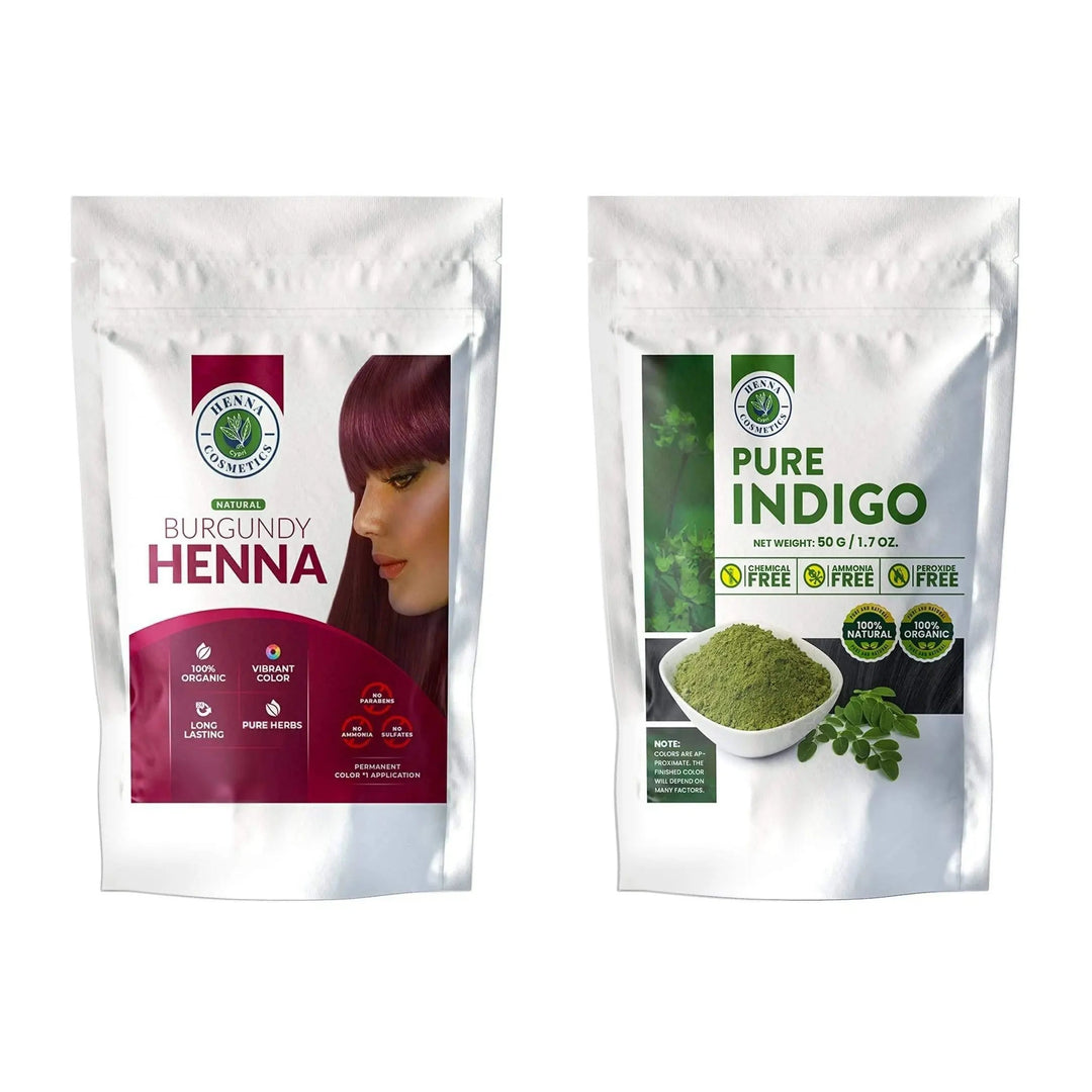 Burgundy Henna Mix, Hair Dye 100 Grams + Pure Indigo Powder 100 Grams. (Bundle for Gray Hair) - Henna Cosmetics