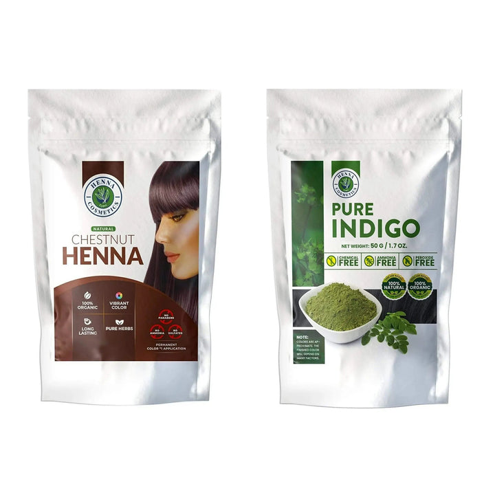 Chestnut Henna Mix, Hair Dye 100 Grams + Pure Indigo Powder 100 Grams. (Bundle for Gray Hair) - Henna Cosmetics