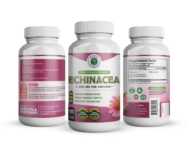 Echinacea Capsules 1300 Grams - 180 Vegetarian Capsules - Henna Cosmetics