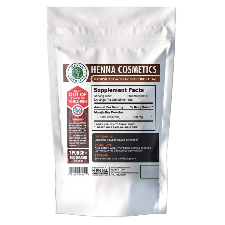 Manjistha Powder 100 Grams (3.53 oz.) Herbal Supplement - Henna Cosmetics