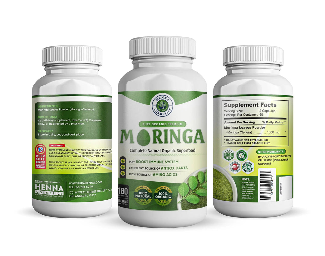 Moringa Oleifera 180 Capsules - Energy, Metabolism and Immune Support - Henna Cosmetics