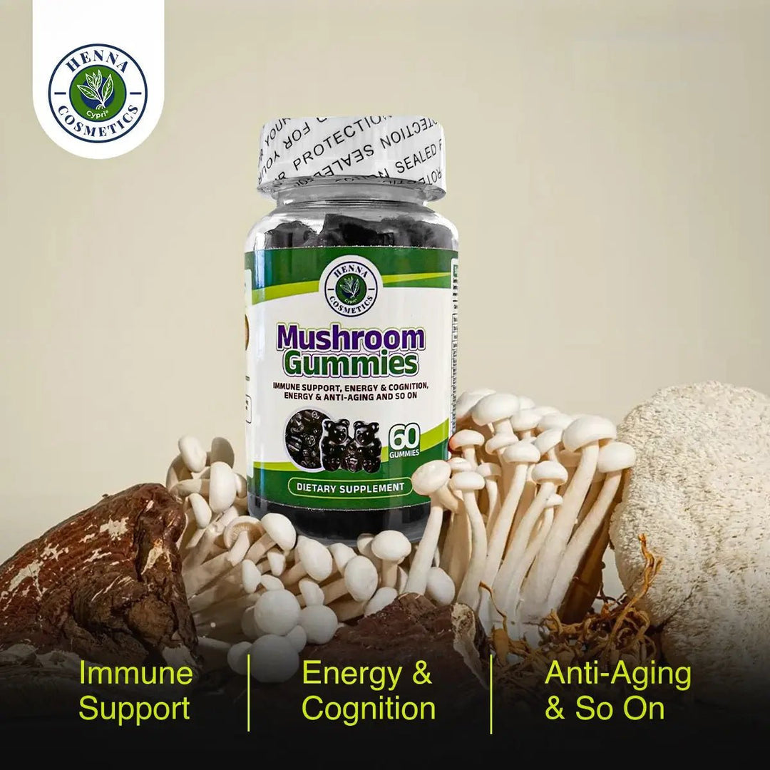 Mushroom Gummies Supplement - 10 Mushrooms Blend including Lion's Mane, Reishi, Cordyceps - Henna Cosmetics