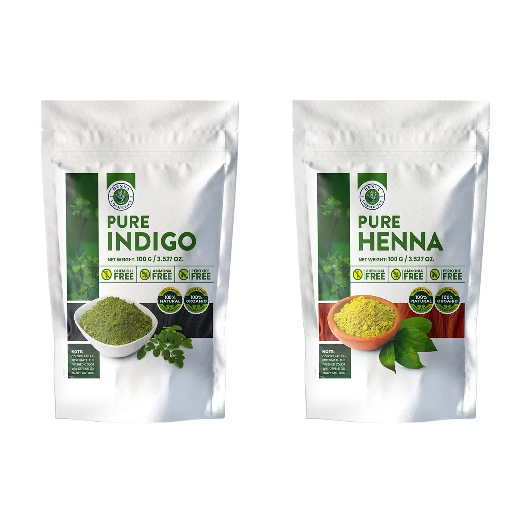 Pure Henna Powder, Hair Dye 100 Grams + Pure Indigo Powder 100 Grams. (Bundle for Gray Hair) - Henna Cosmetics