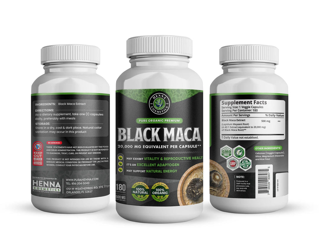 Black Maca Root 180 Capsules 20,000 mg Equivalent - Antioxidant and Adaptogen - Henna Cosmetics